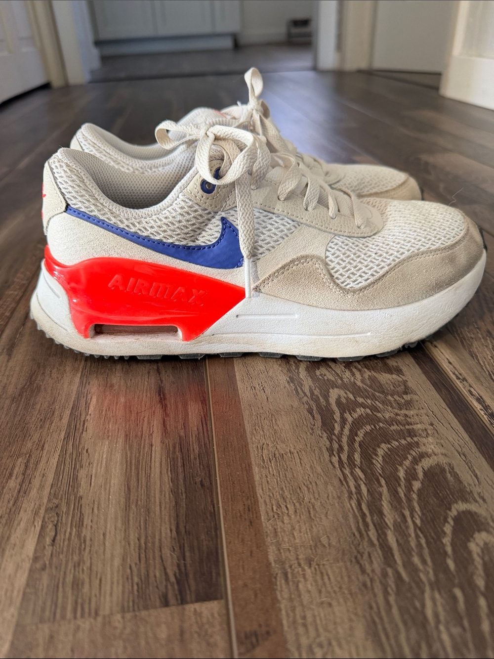 Nike Women’s Air Max Sneakers - Cream with Blue Swoosh and Bright Red Accent
